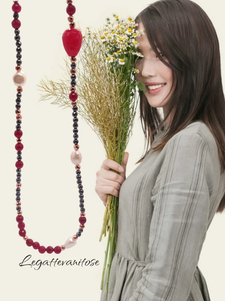 Collana Donna Lunga Perle pietre dure naturali e Argento 925 Rosé. Collana Lunga - Immagine 2 di 4