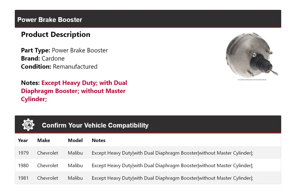 Para Chevrolet Malibu 1979-1981 Potencia Brake Booster Cardone 1980 Foto 2 de 4