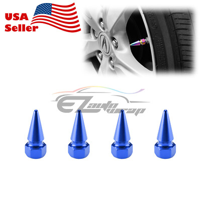 4pcs Blue Long Spike Valve Stem Caps Metal Thread Set For Wheel Tires TVC17