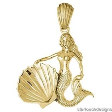 New 14k Yellow Gold Mermaid with Shell Pendant