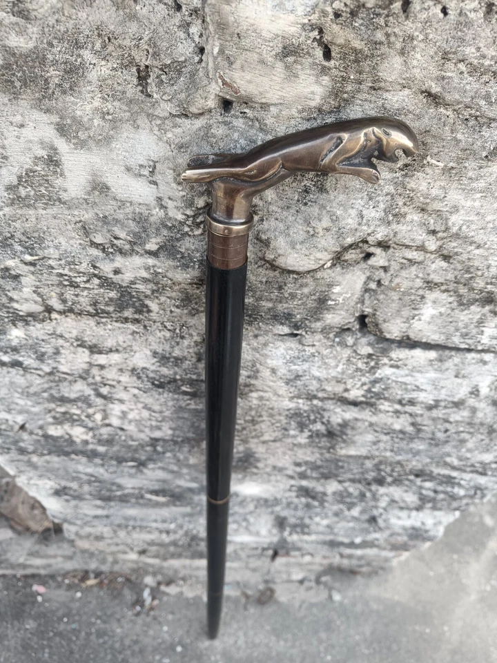 Nuevo bastón de madera negro liso con mango de cabeza de jaguar antiguo de latón macizo Foto 4 de 4