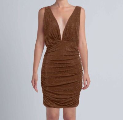 $6445 ALEXANDRE VAUTHIER Women Brown Crystal Sleeveless V-Neck Mini Dress Sz 44