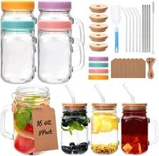 8 Pack 16 oz Mason Jar Cups with Handle, Wooden Lids and stainless steel Straws