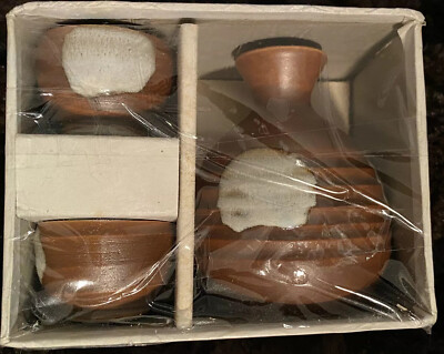 Vtg 3pc Ribbed Ceramic Sake or Tea Set MCI Japan Brown w/ White Gloss Glaze