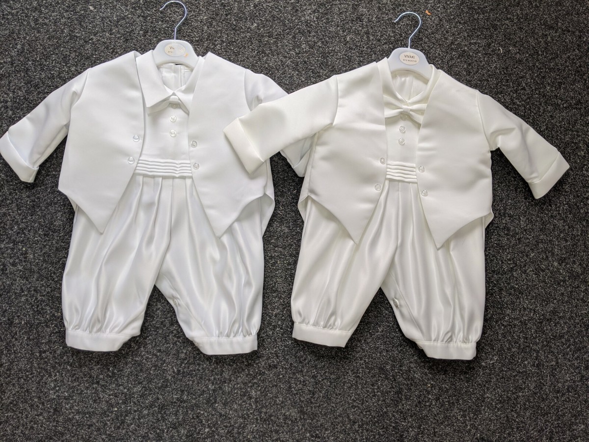 New boys christening romper jacket suit set white and cream