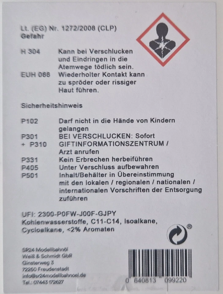 SR 24 0,5 Liter Dampf-und Reinigungsöl Modellbahnöl + praktische Nadelflasche - Bild 3 von 4