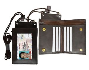 Genuine Leather ID Badge Holder Lanyard Neck Strap Credit Card License Wallet