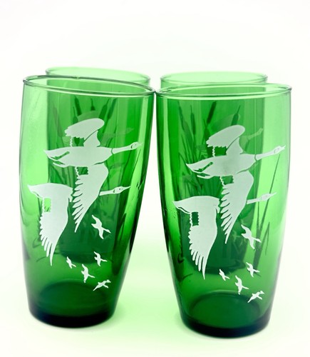 Vintage Anchor Hocking Forest Green Flying Geese & Cattails Glasses Set Of 4 - Picture 3 of 4