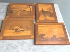 Set of 4 Mid Century Wood Marquetry Picture Panel  Sailing,Mountains, Cabin Tree