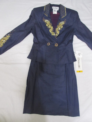 Vtg CHANCELLE Dbl Breasted Embellished Blue Jacket & Skirt Suit Set, Size 6, NWT