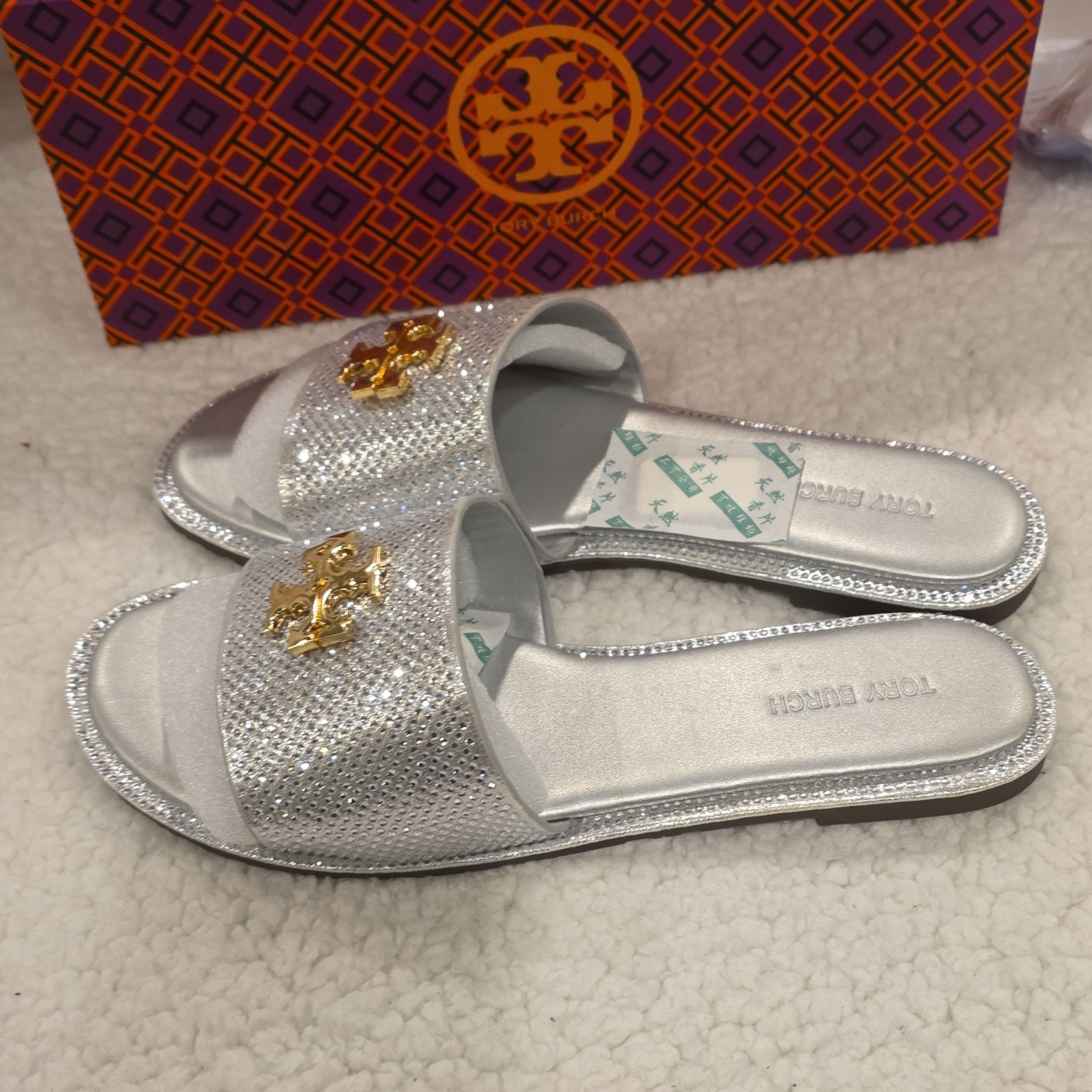 Tory Burch Silver Rhinestone Logo Slide Sandals Women's Size EU 40 Slip On thumbnail 4