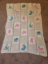 Vintage Crochet Baby Blanket Afghan Throw Blocks Squares Animals Light Yellow