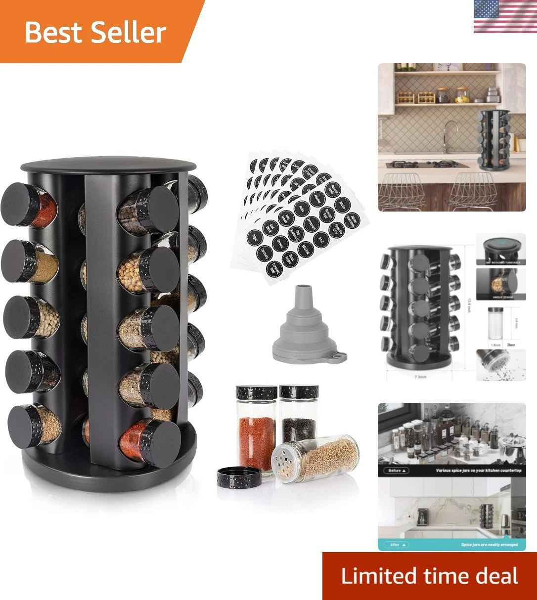 Compact 20-Jar Spice Rack - Black Revolving Design with Funnel & Labels