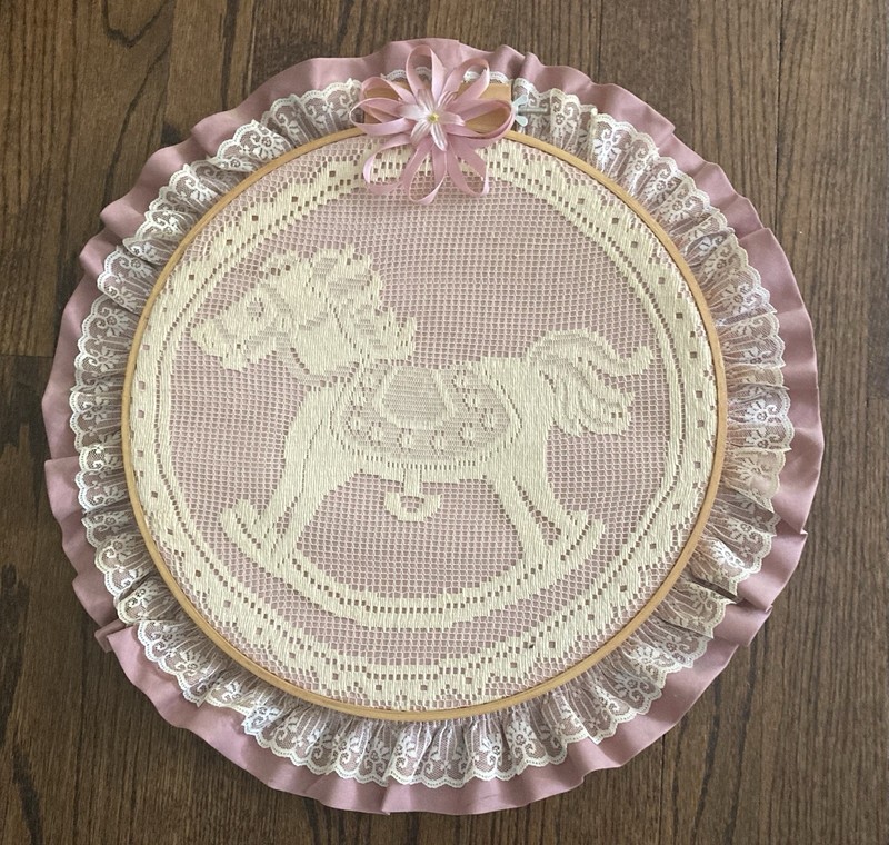 Vtg. 14” Embroidery Hoop Wall Art Pink w/2” Lace Ruffle Rocking Horse Handmade