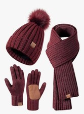 Womens Burgundy Winter Hat Scarf  Gloves Set With Pom Pom Winter Warm Stylish