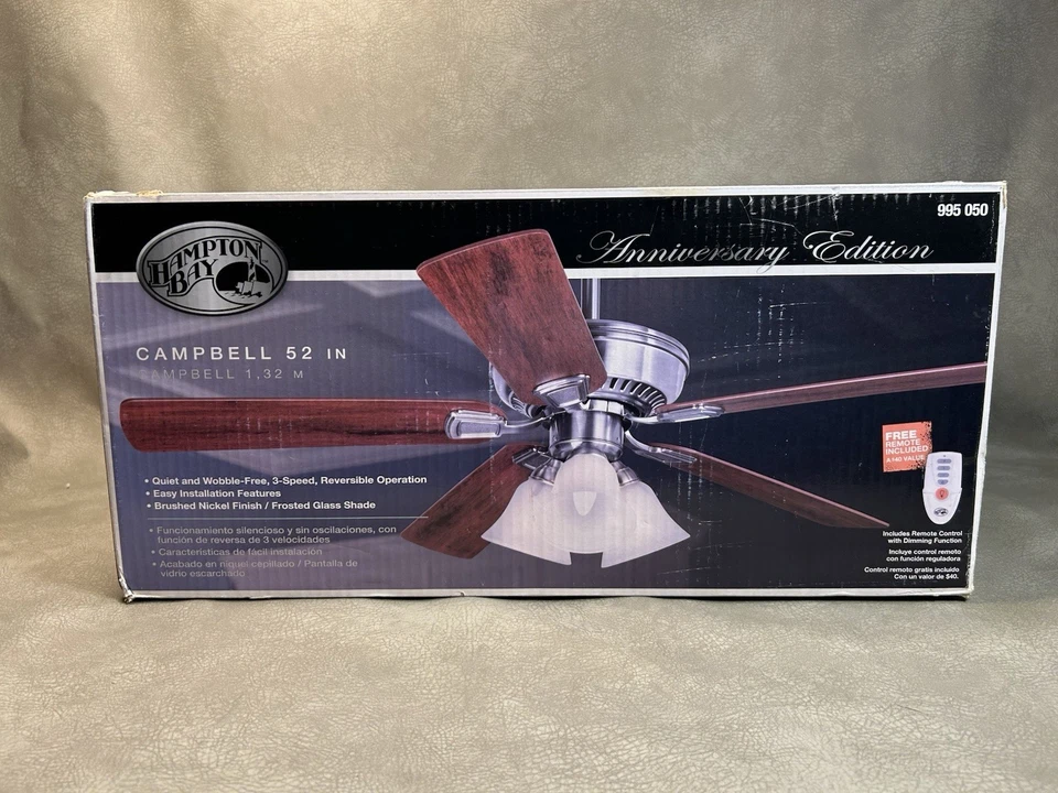 Hampton Bay Campbell 52 in. Indoor Brushed Nickel Ceiling Fan with Light New - Image 3 of 4
