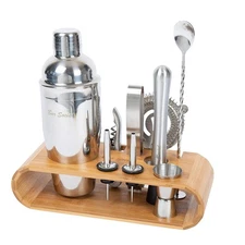Bar Social 10 piece Bartender Cocktail Kit w/ Bamboo Stand - Stainless Steel