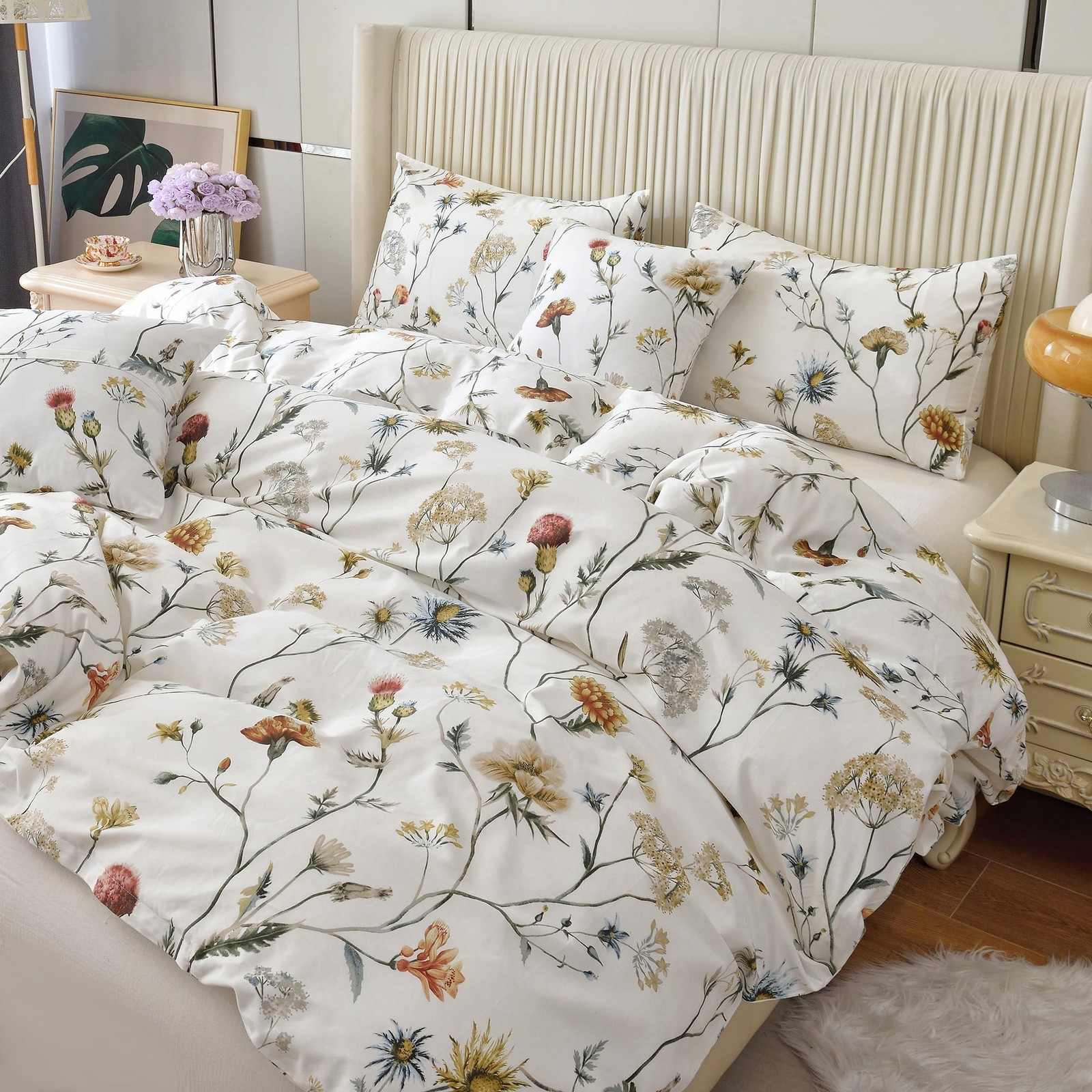 Duvet Cover Twin Size, 100% Cotton Floral Duvet Cover Set with Zipper Closure...-image