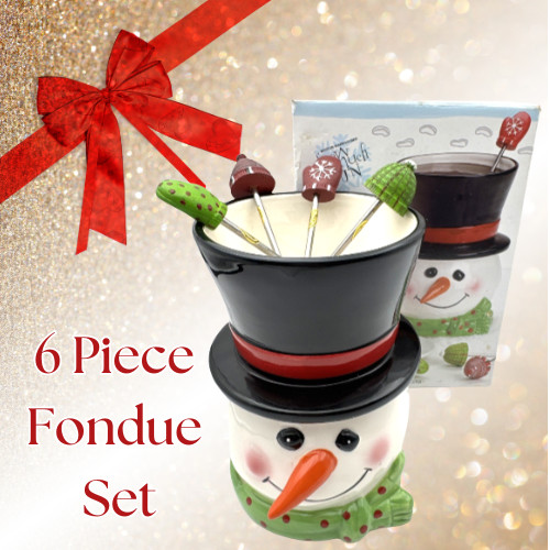 Snowman Ceramic Fondue Set with 4 Holiday Forks Christmas Top Hat Serving Bowl