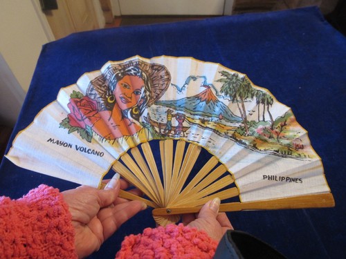 Vintage Wooden & Canvas Hand Fan Fold Up Philippines Mayon Volcano Souvenir J11
