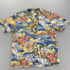 Paradise Found Shirt Mens Medium Blue Florida Map Hawaiian Rayon Tropical Beach
