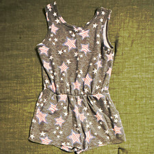 Girls 5-6Y Gray Star Print Romper One-Piece Sleeveless V-Neck Patriotic