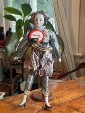 Vintage 1980s Pierrot Harlequin Mime Doll 17" Bendable Poseable Jester w/ Stand