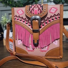 Montana West pink/brown southwestern embroidered fringe crossbody purse