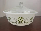 Vintage Glasbake Milk Glass Green Daisy 2 Qt Casserole Dish Flawed With Lid