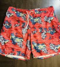 St Johns Bay Mens 9" Red Scenic Swim Shorts Trunks 3XL Mesh Lining Drawcord