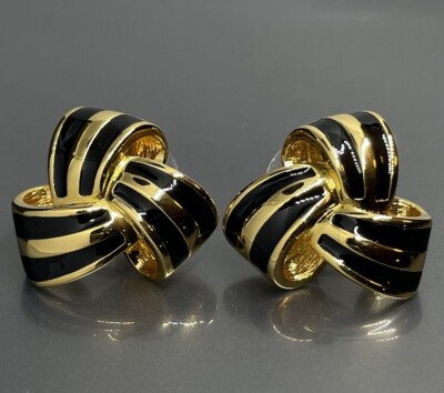 Joan Rivers Gold Plated Black Enamel Chunky Glam Womens Pierced Earrings 1 