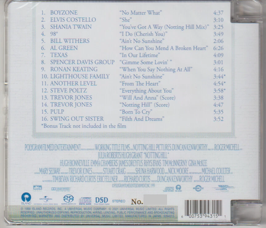 "Notting Hill - OST" Japan Hybrid Stereo SACD Limited Numbered Audiophile CD - Image 2 of 3