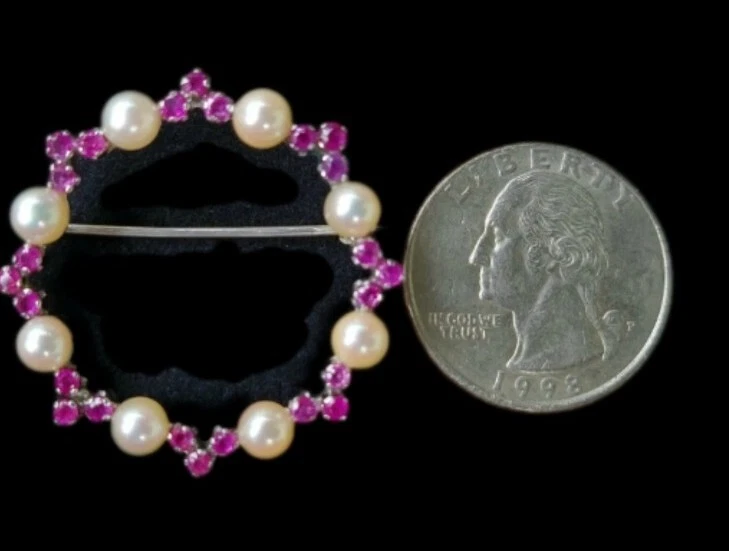 Broche de perlas rubí oro blanco de 18k - Broche de piedras preciosas Designer Estate 5,9 m Foto 4 de 4