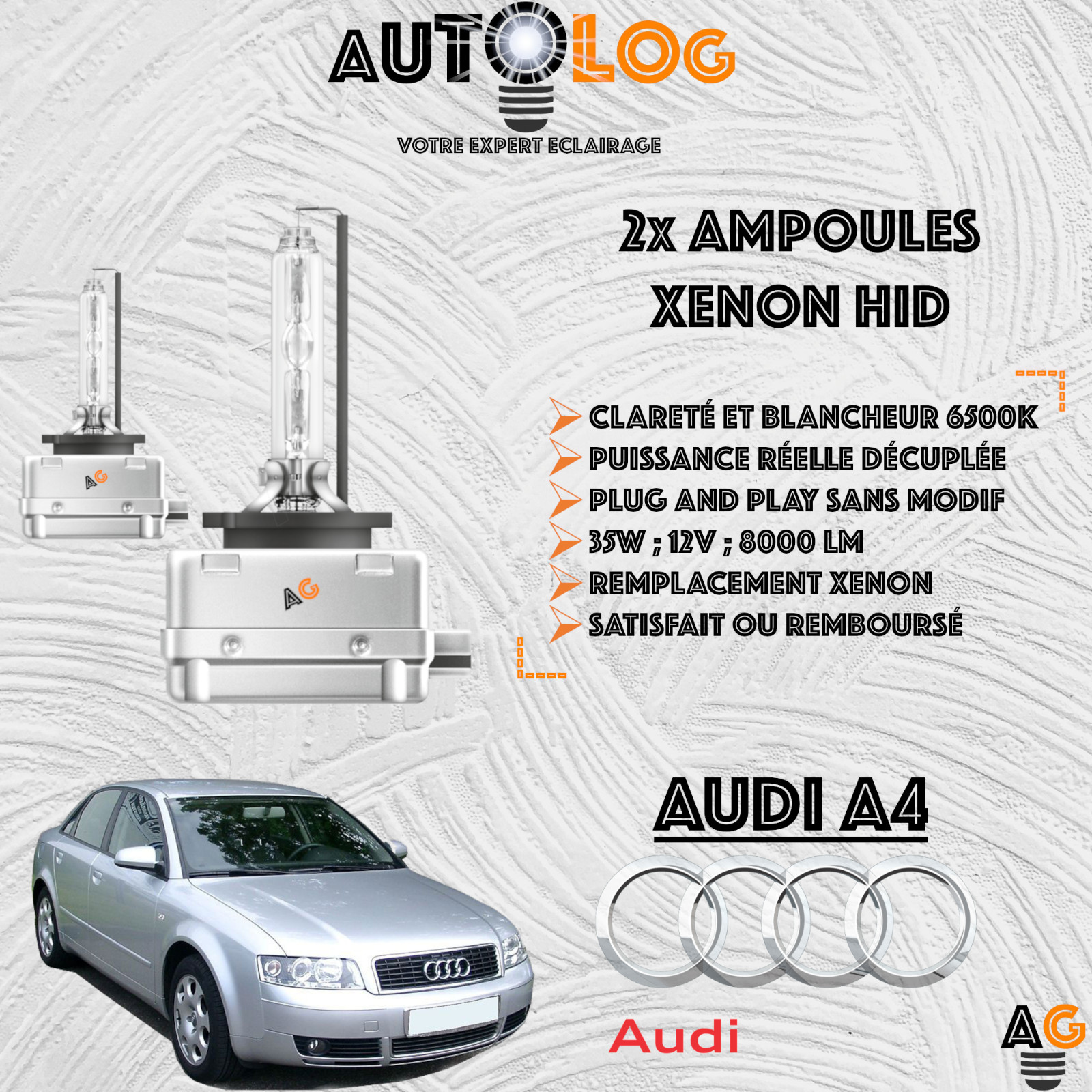 Ampoules Xenon HID pour Audi A4 B6 kit de 2 phares de rechange eclairage blanc 6000K