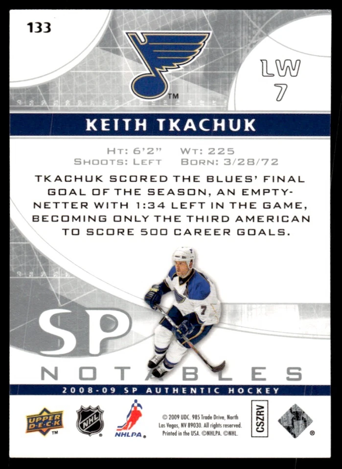 2008-09 SP Authentic NOTABLES Keith Tkachuk /999 St. Louis Blues #133 - Image 2 of 2
