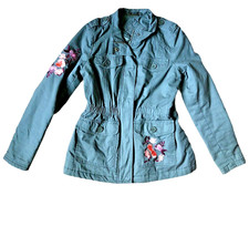 Embroidered Flowers Army Green Jacket Girls L 14 16