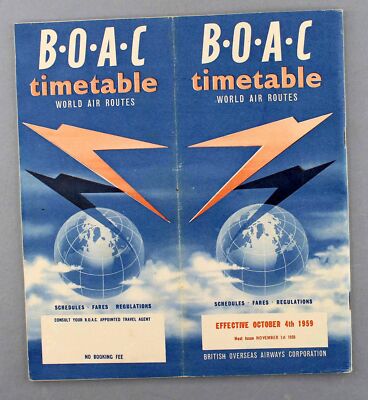 BOAC AIRLINE FAHRPLAN OKTOBER 1959 STRECKENKARTE B.O.A.C. COMET 4 BRITANNIA DC-7C