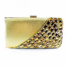 USA WOMENS Evening HANDBAG Clutch Purse RHINESTONE CRYSTAL Wedding Brown Gold 18