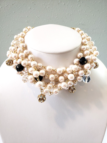Vintage Signed Richelieu Faux Pearl Choker Necklace Multi Strand, Rhinestones ,