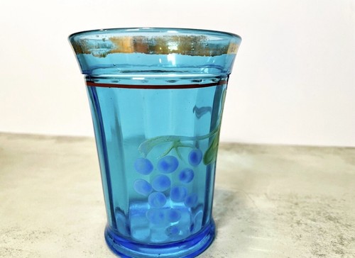 Antique NORTHWOOD Blue Glass Paneled Tumbler Hand-Painted Floral, Flared Top 5” - Picture 9 of 11