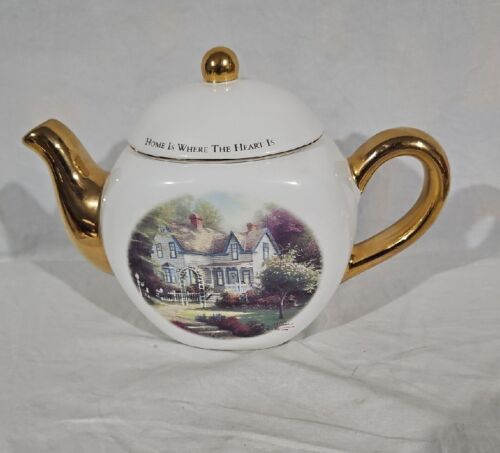Thomas Kinkade Teapot Home Is Where The Heart Is Tea Pot Gold Trim Teleflora - Picture 1 of 11