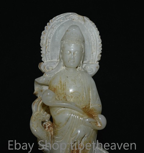 8.8” Old Chinese White Jade Carving FengShui Kwan-yin Goddess Dragon Statue - Picture 2 of 10