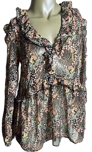 Topshop Damenbluse Top Größe 6 Blumenmuster Waldmuster Langarm Rüschenkante neu mit Etikett