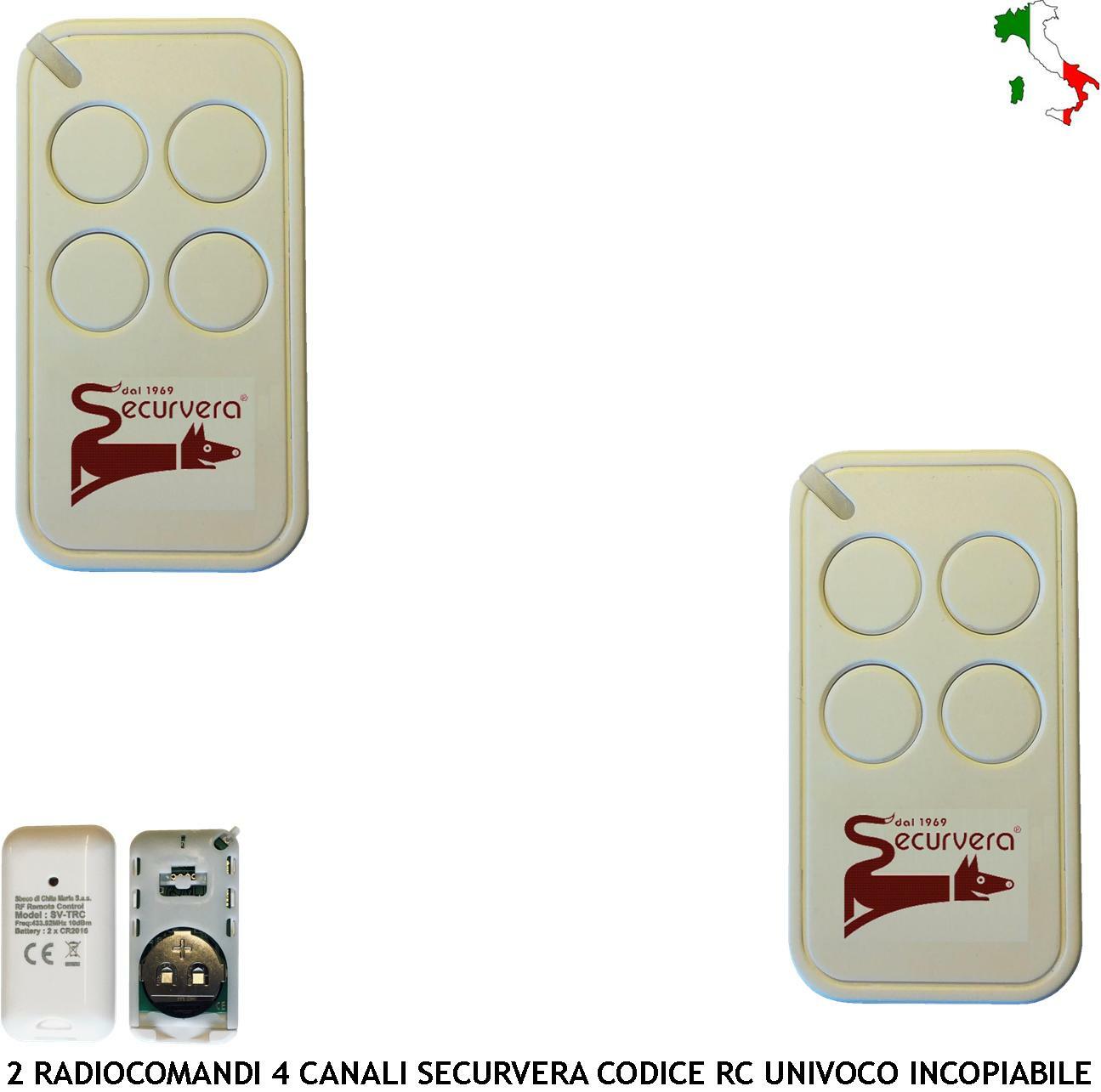 Kit 2 Radiocomandi Securvera 433,92MHz Rolling Code 3CH Alta Sicurezza