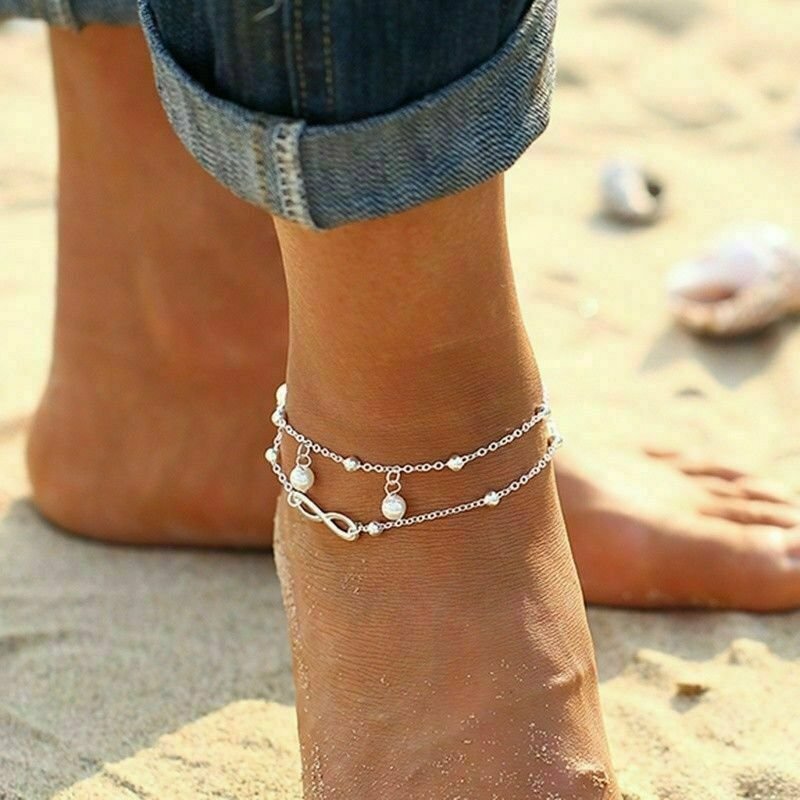 Image 4 - Women Double Ankle Bracelet 925 Silver Anklet Foot Jewelry Girl&amp;#039;s Beach Chain US
