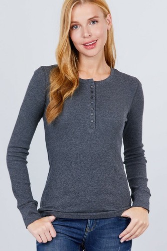 Top Henley da donna base con bottoni anteriori maniche lunghe lavorato a maglia waffle termico elasticizzato - Foto 22 di 47