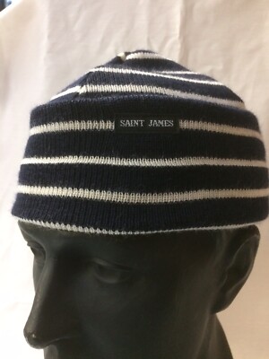 Stripey Knit Hat Saint James Navy/ Cream 100% Wool Made in France Bonnet  rayes UK