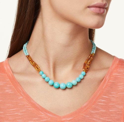 Jay King 18" Sterling Silver Amazonite and Amber 3-Strand Bead Necklace - Bild 3 von 3