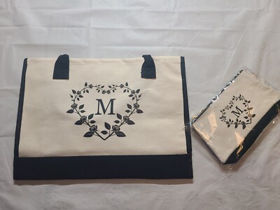 M Monogramed Canvas Bag With Make Up Bag Set 16.5 X 12 X 5 Inch Main Bag