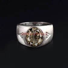 Natural Smoky Quartz Gemstone With 14K White Gold Plated Silver Men's Ring #1318
